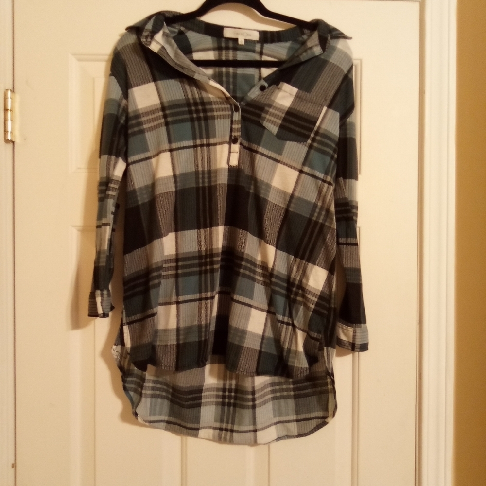 90s Grunge Style Long Sleeve Blue, White & Black Plaid Button Down Shirt Size L
